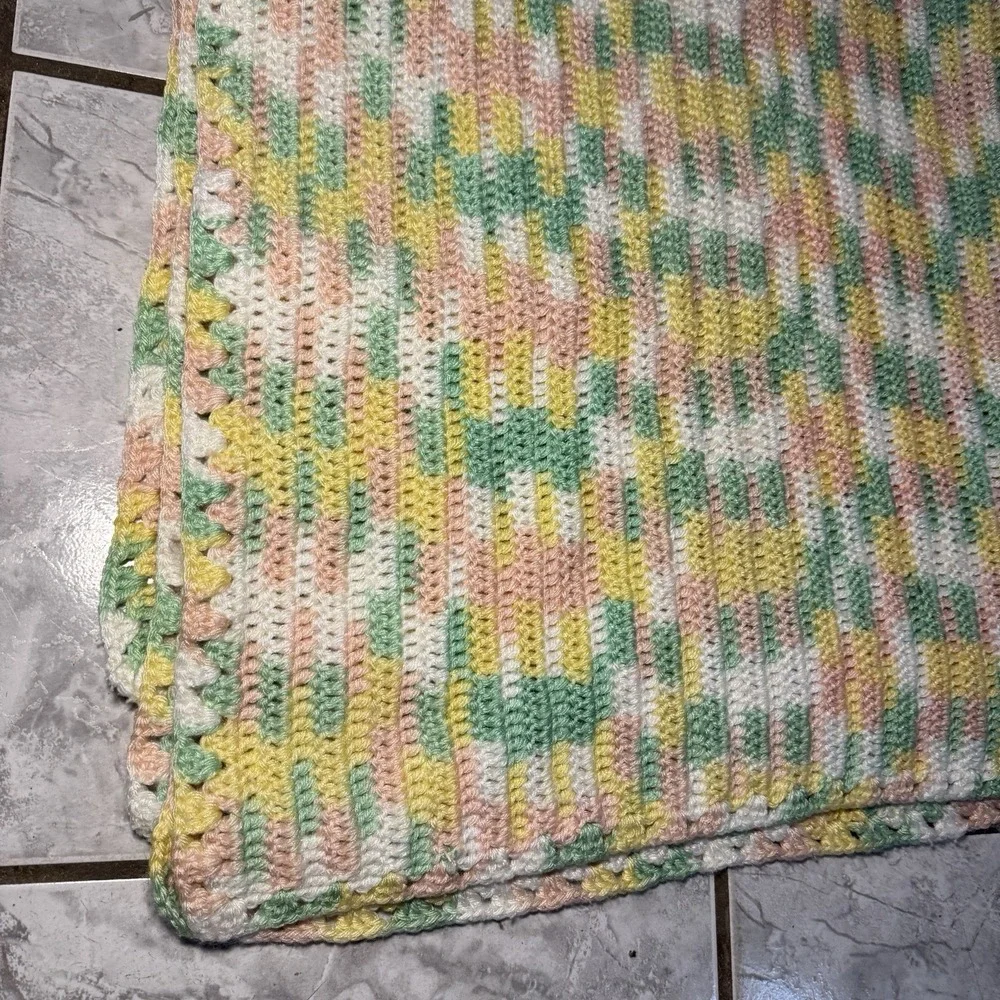 Handmade Crochet Knit Baby Blanket Granny Afghan Throw Green Pink Yellow Vintage